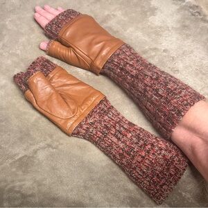 Long Wool and Lambskin Leather Fingerless Gloves